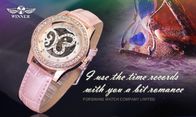 Analog Besar Wajah Womens Wrist Watches Kulit pink Mode Tangan Angin Teknik Wrist Watch