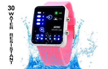 Merah muda Silicone LED Digital Wrist Watch Binary Jam Backlight EL